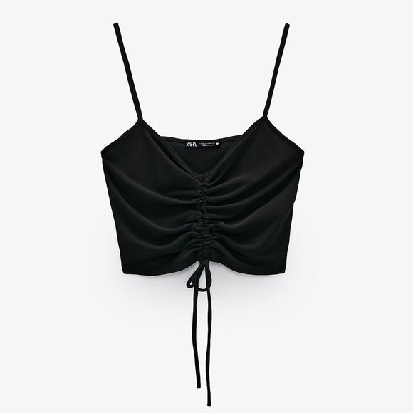 NEW Zara Black Gathered Ruched V Neck Stretch Knit Cropped Cami Top Size Large L - Picture 4 of 8